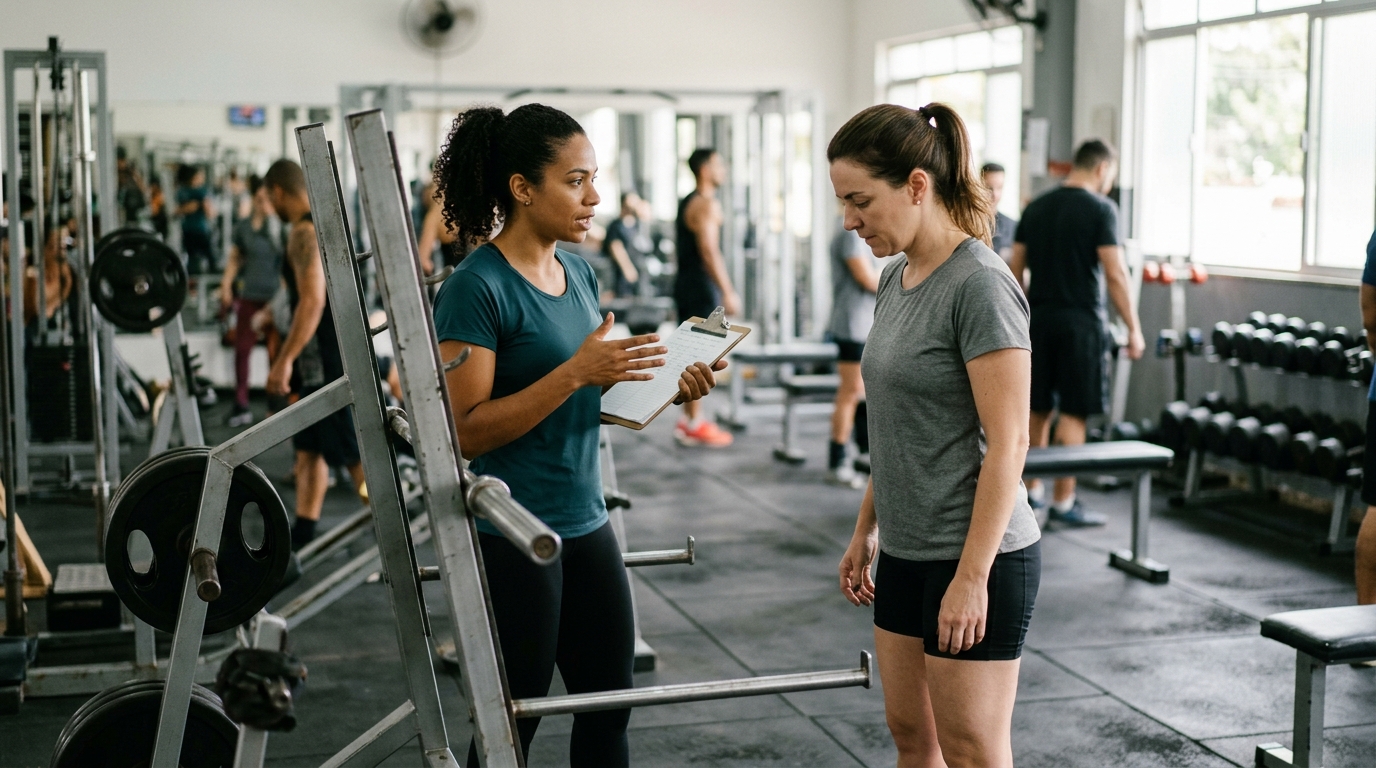 Personal trainer explicando um exercício para uma aluna ao lado de um rack de agachamento em academia de bairro