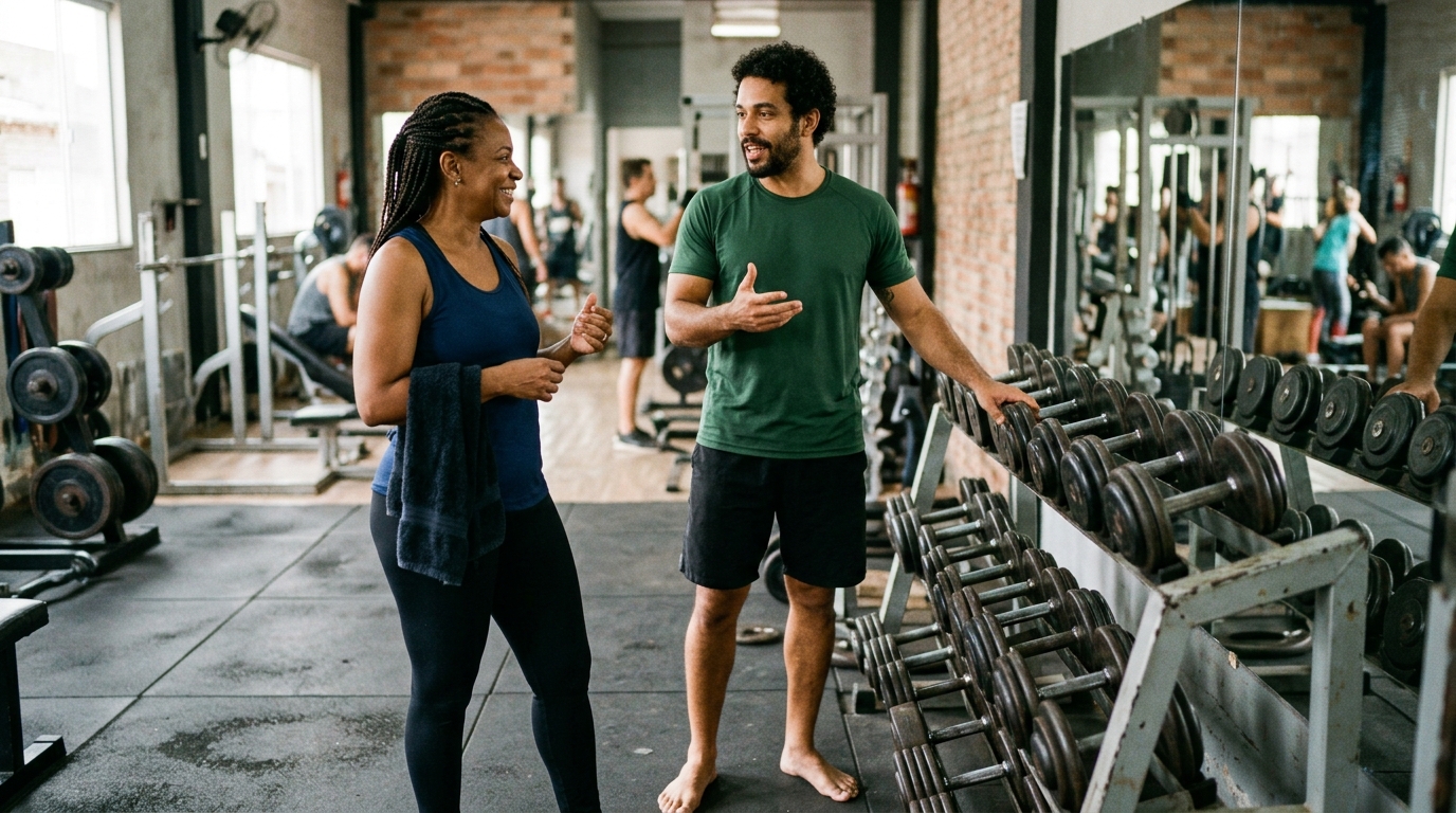 Personal trainer conversando com uma aluna ao lado de um rack de halteres numa academia de bairro